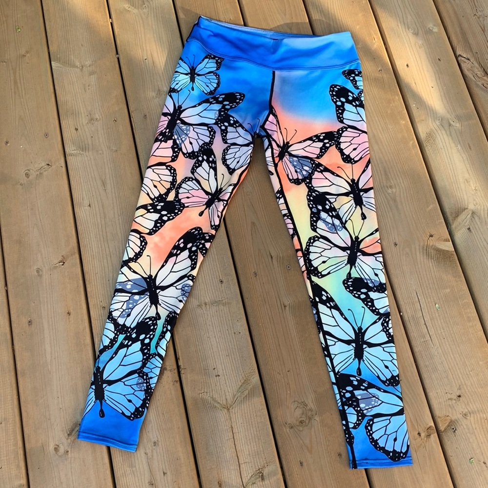 Extraordinary beautiful butterflies prints leggings, szM. blue pink yellow peach